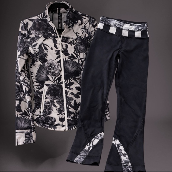 lululemon athletica Pants - Lululemon Rare Floral Jacket & Crop Leggings Set Black White Size 6 Athleisure